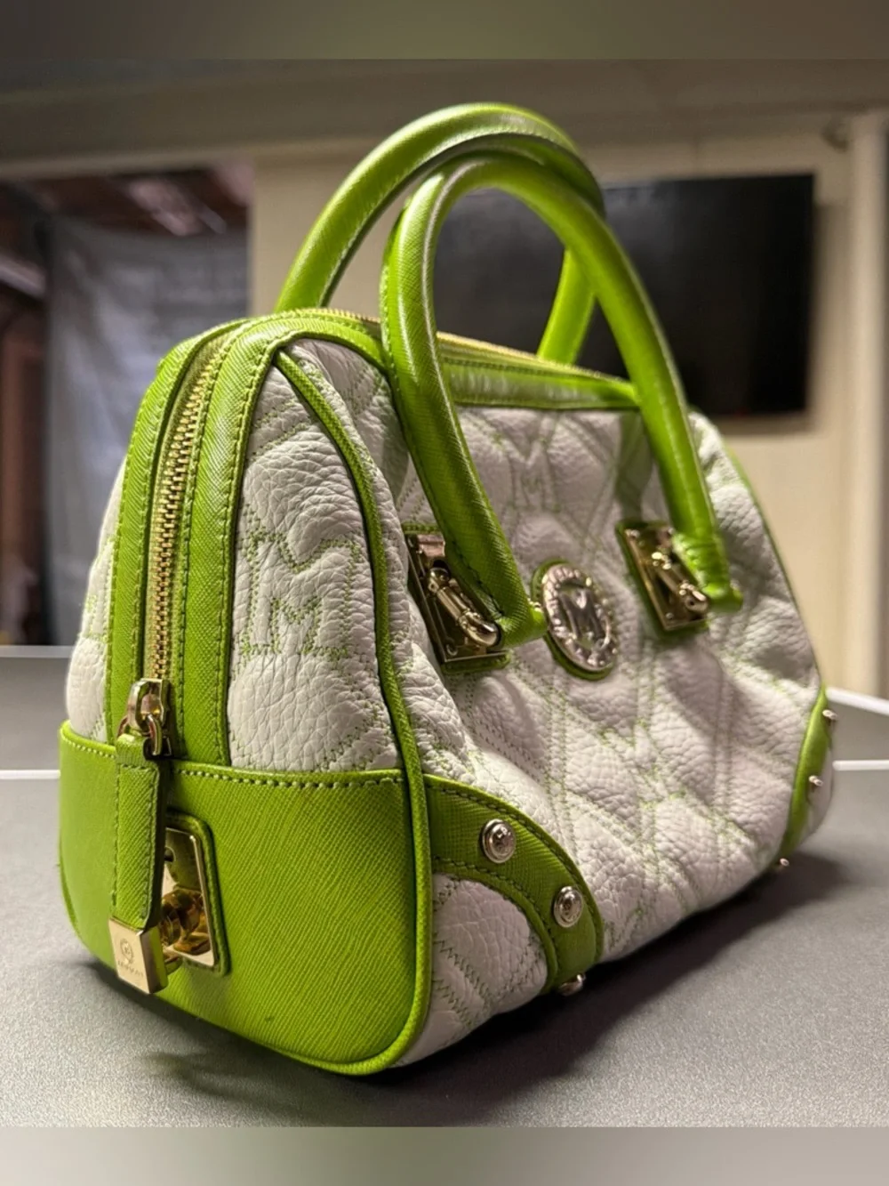 Metrocity Italy White‎ Lime Green Quilted Leather Satchel Handbag Gold Hardware